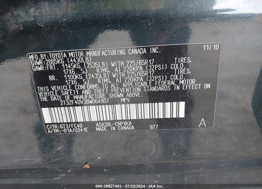 2011 TOYOTA RAV4 VIN: 2T3ZF4DV3BW064907
