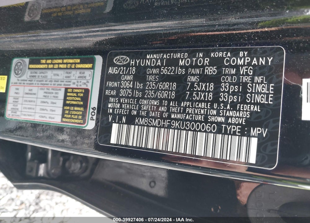 2019 HYUNDAI SANTA FE XL SE VIN: KM8SMDHF9KU300060