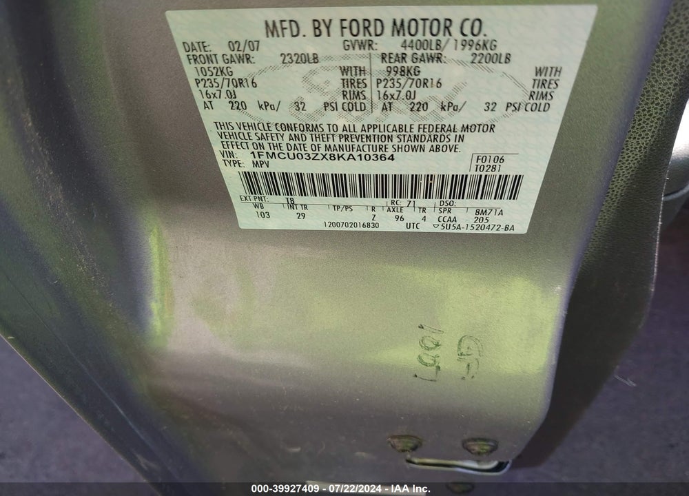 2008 FORD ESCAPE XLT VIN: 1FMCU03ZX8KA10364