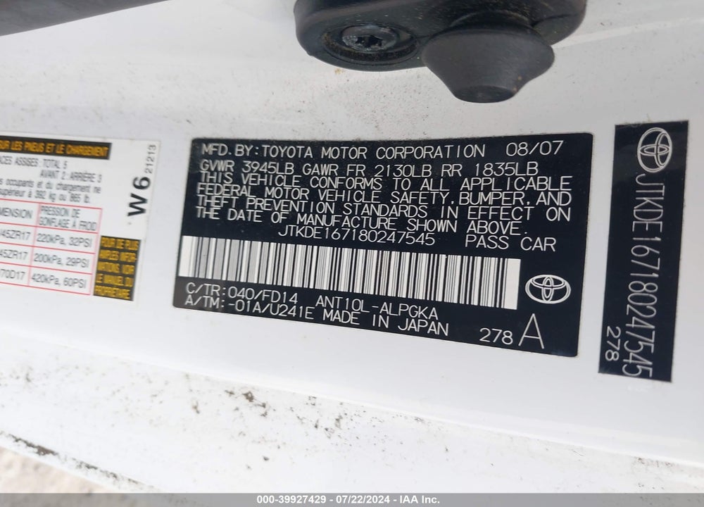 2008 SCION TC VIN: JTKDE167180247545