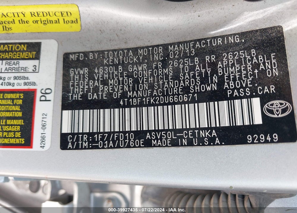 2013 TOYOTA CAMRY LE VIN: 4T1BF1FK2DU660671