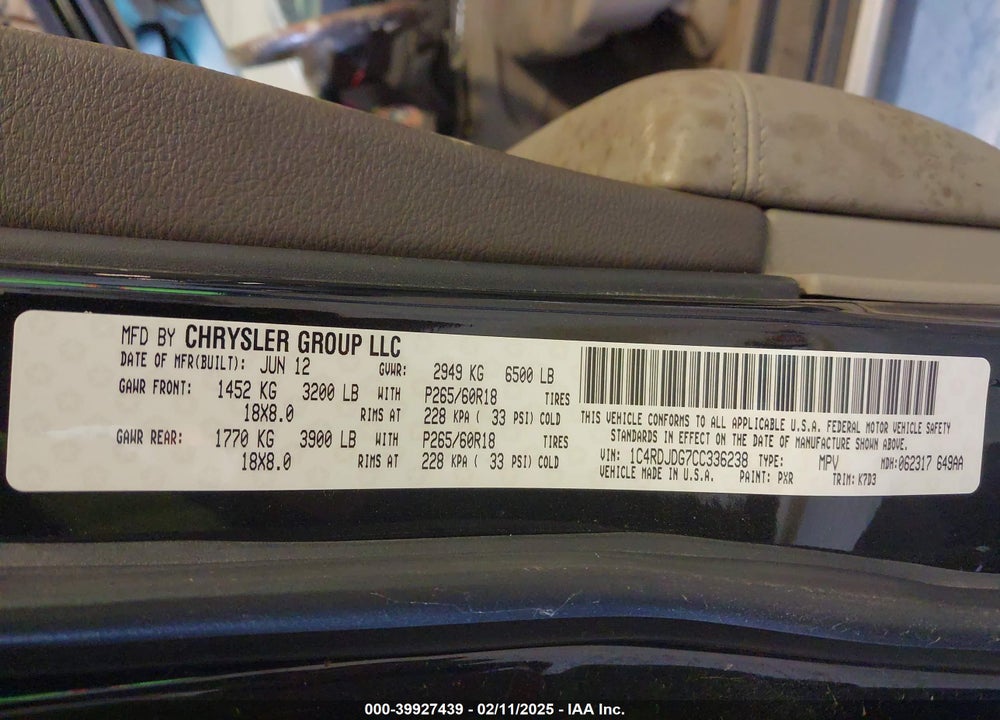 2012 DODGE DURANGO VIN: 1C4RDJDG7CC336238