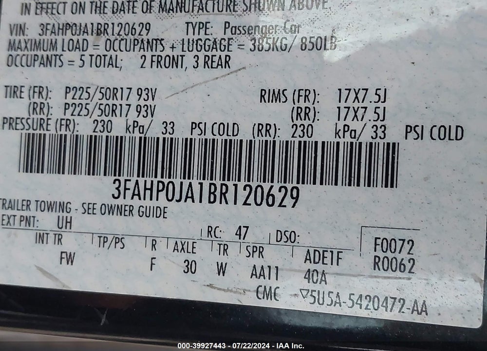 2011 FORD FUSION SEL VIN: 3FAHP0JA1BR120629