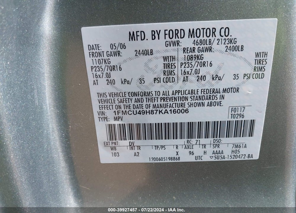 2007 FORD ESCAPE HYBRID VIN: 1FMCU49H87KA16006