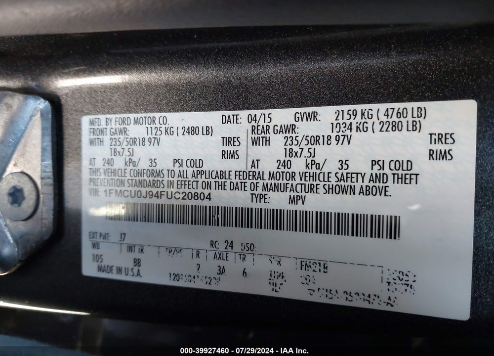 2015 FORD ESCAPE TITANIUM VIN: 1FMCU0J94FUC20804