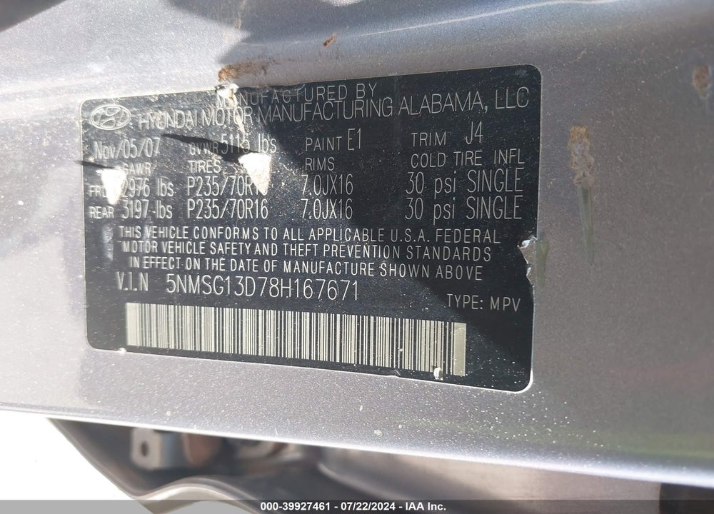 2008 HYUNDAI SANTA FE GLS VIN: 5NMSG13D78H167671