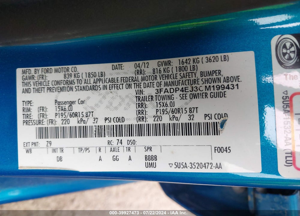 2012 FORD FIESTA SE VIN: 3FADP4EJ3CM199431