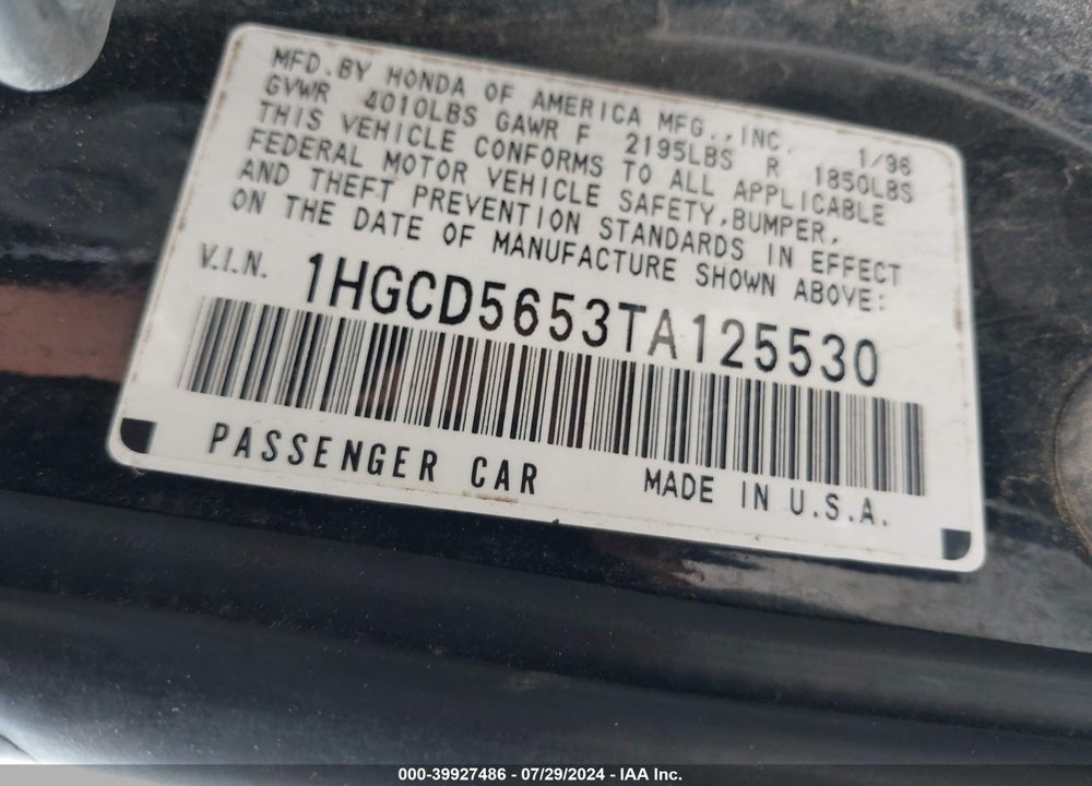 1996 HONDA ACCORD EX/EX-R VIN: 1HGCD5653TA125530