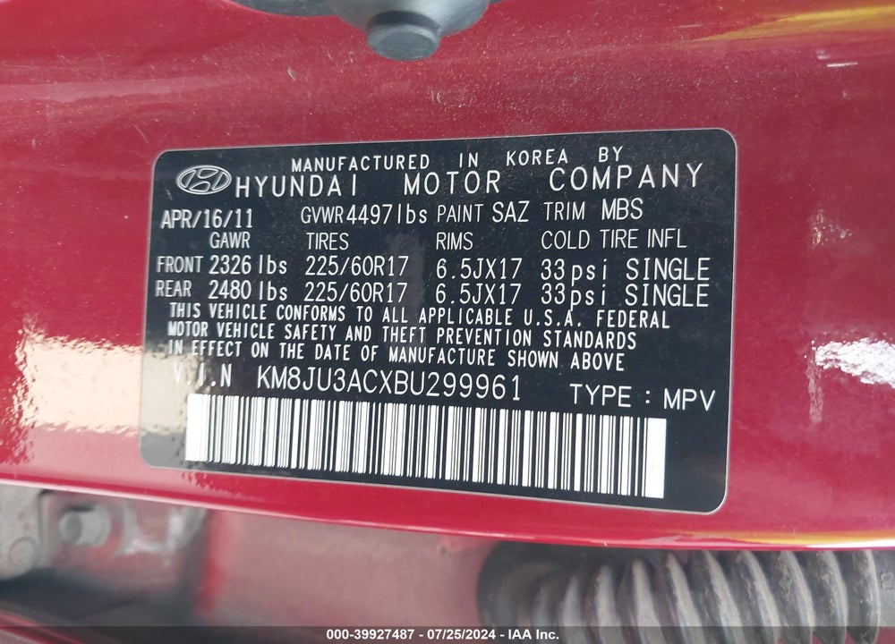 2011 HYUNDAI TUCSON GLS VIN: KM8JU3ACXBU299961