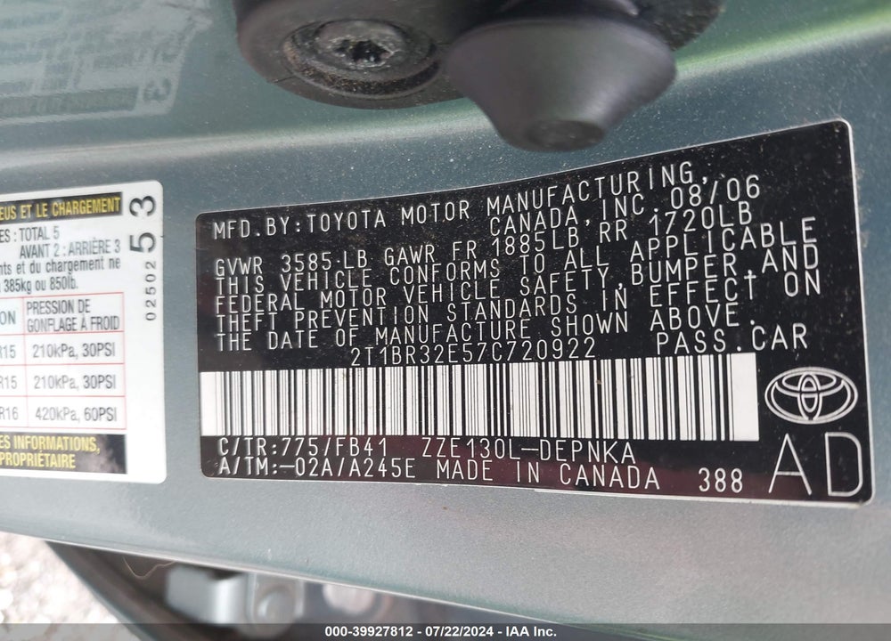2007 TOYOTA COROLLA LE VIN: 2T1BR32E57C720922