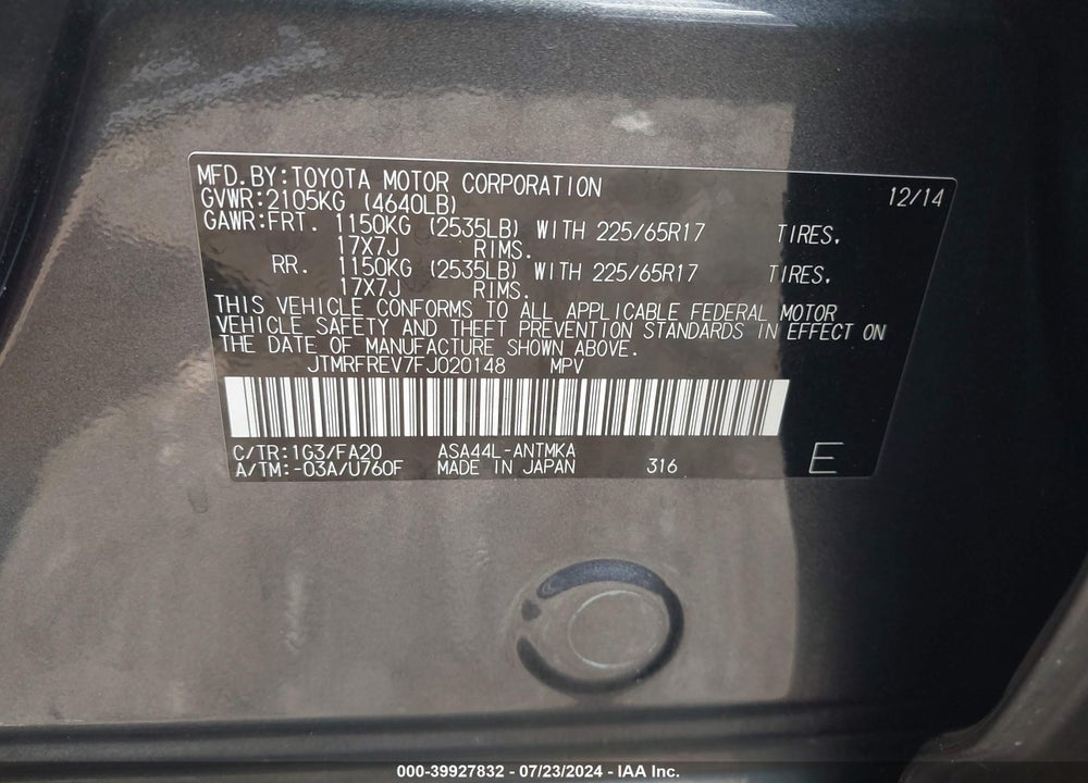 2015 TOYOTA RAV4 XLE VIN: JTMRFREV7FJ020148