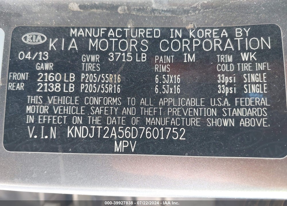 2013 KIA SOUL VIN: KNDJT2A56D7601752