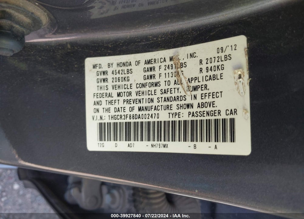 2013 HONDA ACCORD EX-L V-6 VIN: 1HGCR3F88DA002470