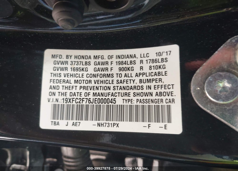 2018 HONDA CIVIC EX VIN: 19XFC2F76JE000045