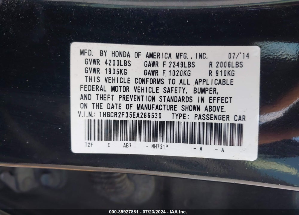 2014 HONDA ACCORD LX VIN: 1HGCR2F35EA286530