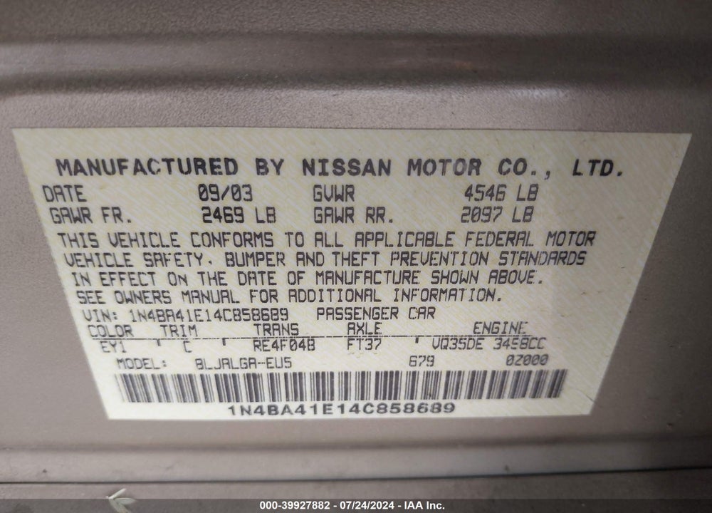 2004 NISSAN MAXIMA 3.5 SL VIN: 1N4BA41E14C858689