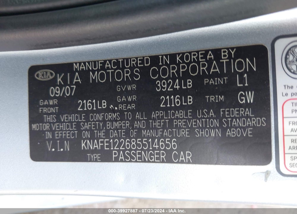 2008 KIA SPECTRA EX VIN: KNAFE122685514656