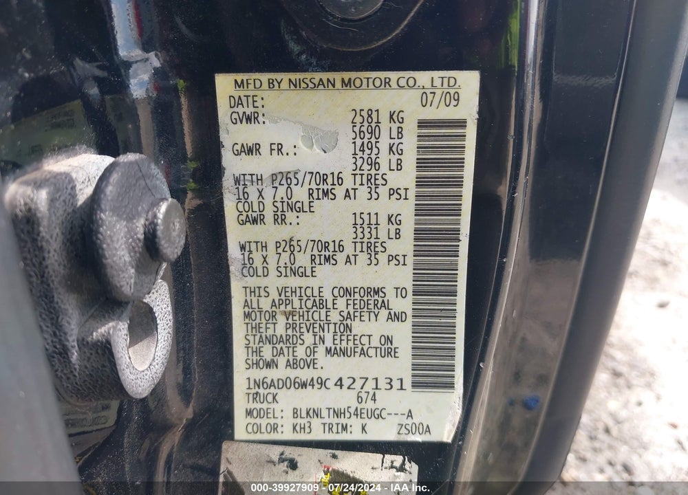 2009 NISSAN FRONTIER SE VIN: 1N6AD06W49C427131