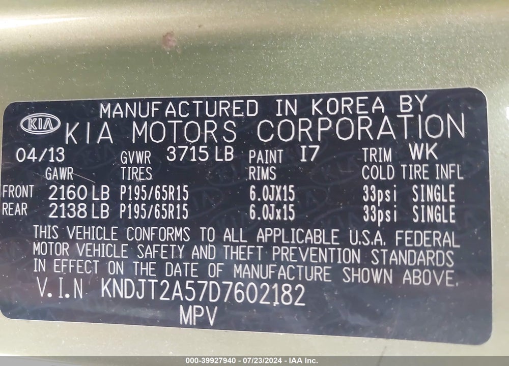2013 KIA SOUL VIN: KNDJT2A57D7602182