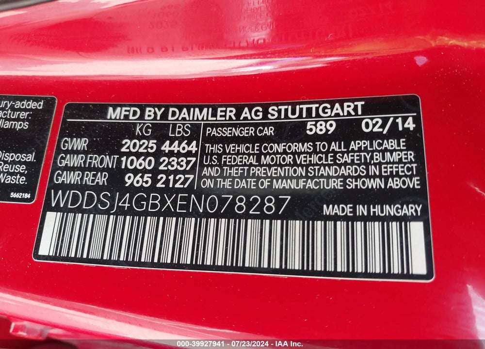 2014 MERCEDES-BENZ CLA 250 4MATIC VIN: WDDSJ4GBXEN078287