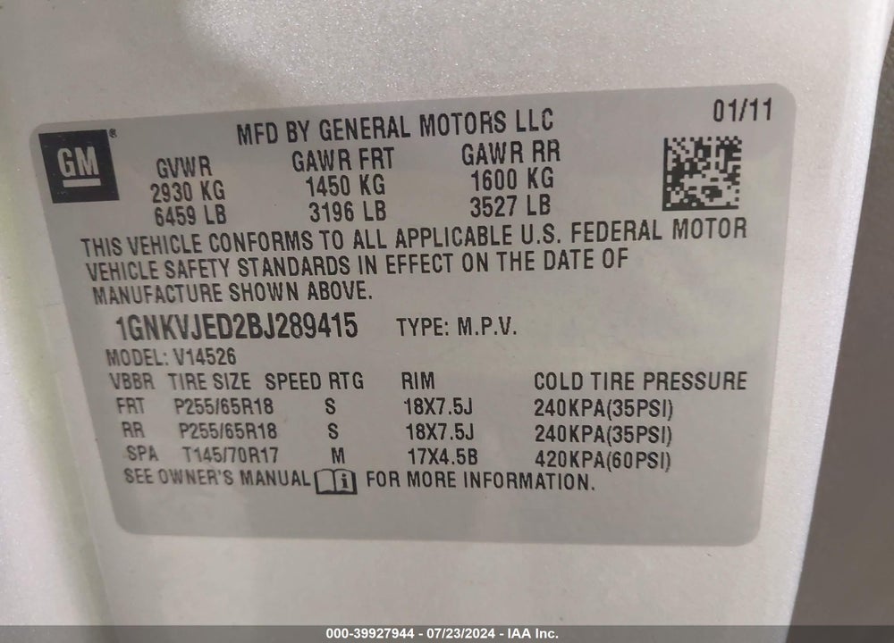2011 CHEVROLET TRAVERSE 2LT VIN: 1GNKVJED2BJ289415