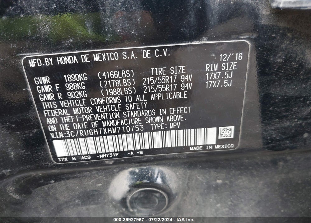 2017 HONDA HR-V EX-L VIN: 3CZRU6H7XHM710753