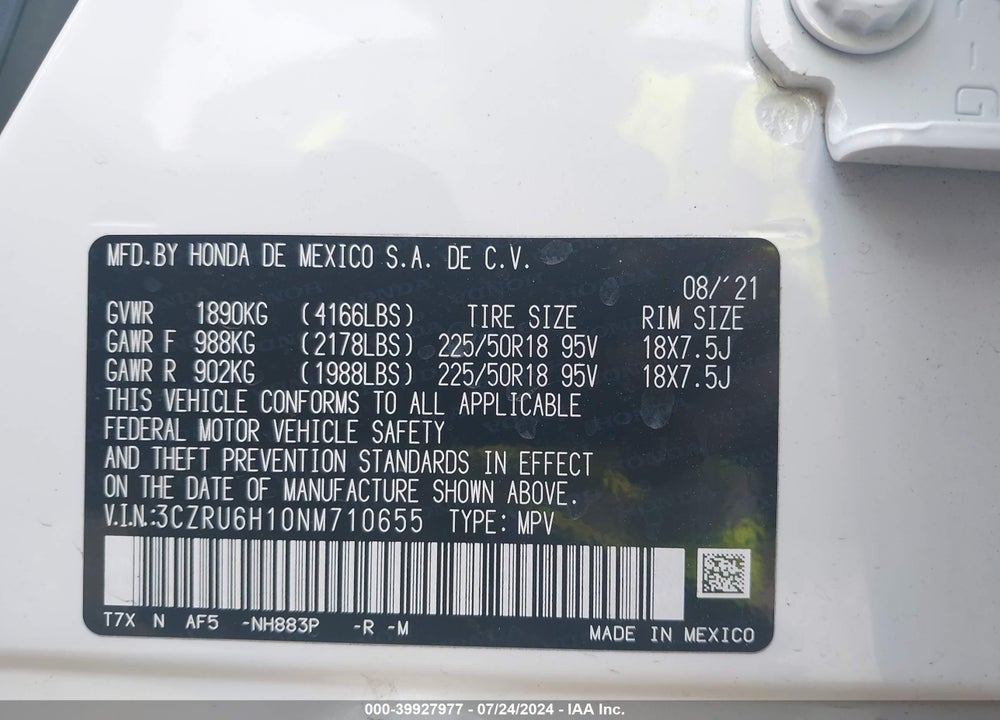 2022 HONDA HR-V AWD SPORT VIN: 3CZRU6H10NM710655