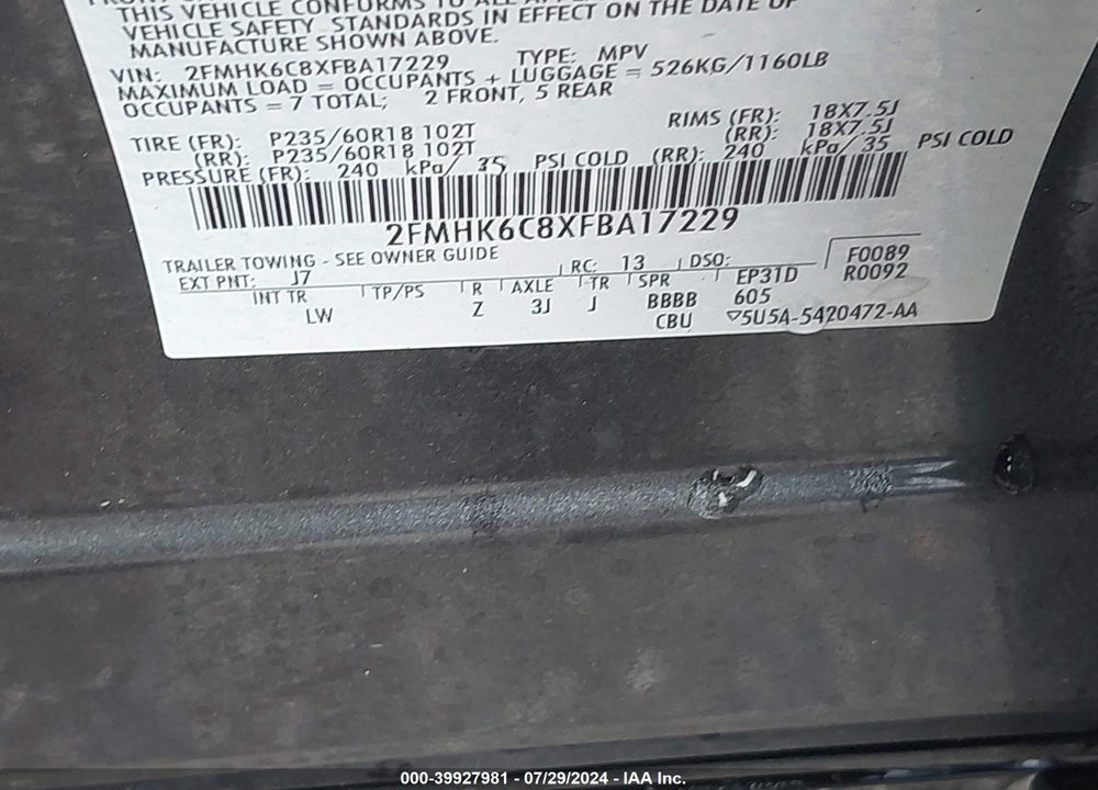 2015 FORD FLEX SEL VIN: 2FMHK6C8XFBA17229