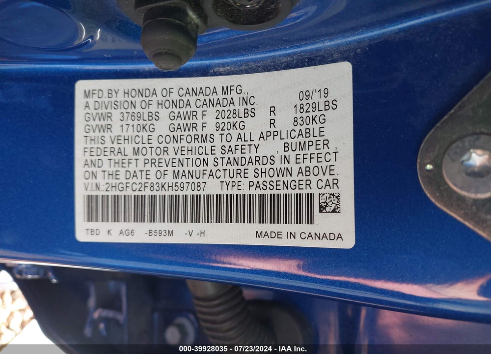 2019 HONDA CIVIC SPORT VIN: 2HGFC2F83KH597087