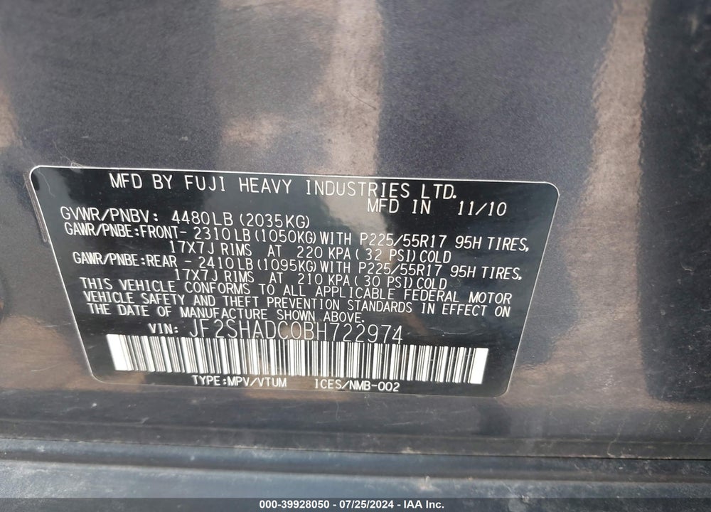 2011 SUBARU FORESTER 2.5X PREMIUM VIN: JF2SHADC0BH722974