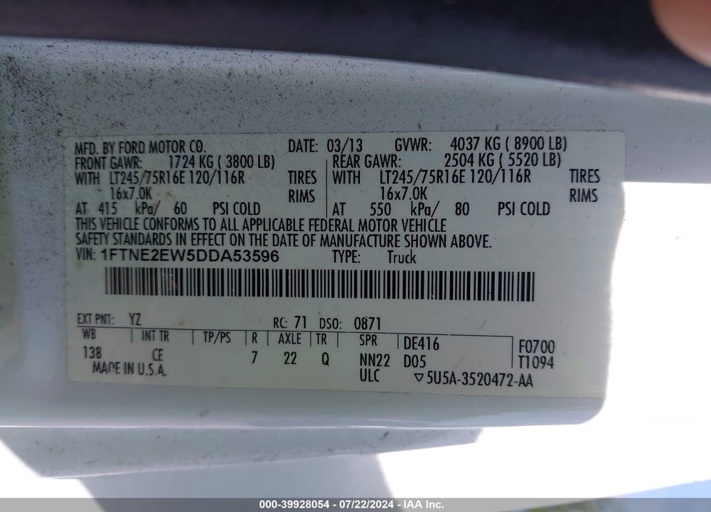 2013 FORD E-250 COMMERCIAL VIN: 1FTNE2EW5DDA53596