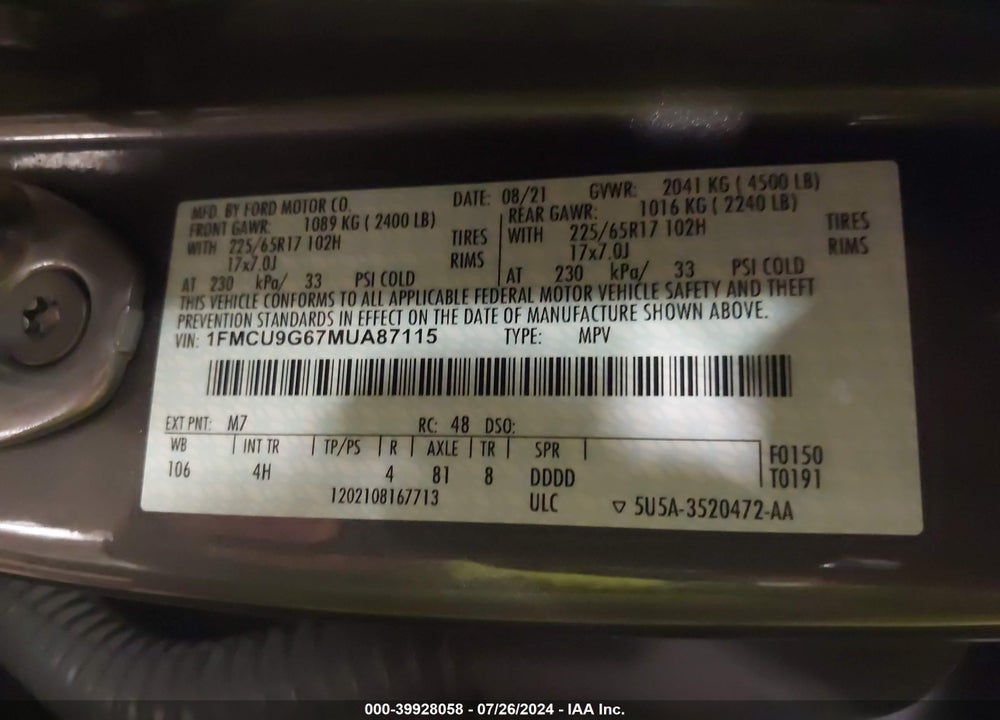 2021 FORD ESCAPE SE VIN: 1FMCU9G67MUA87115