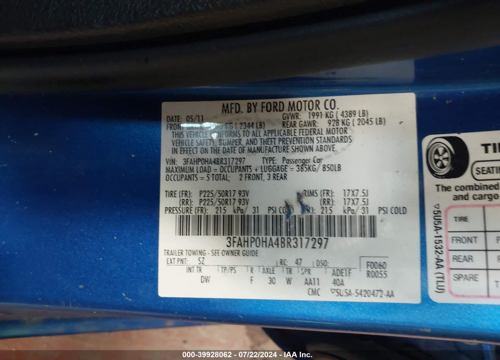 2011 FORD FUSION SE VIN: 3FAHP0HA4BR317297