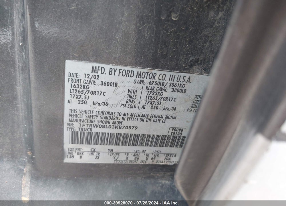 2003 FORD F-150 LARIAT/XLT VIN: 1FTRW08L03KB70579