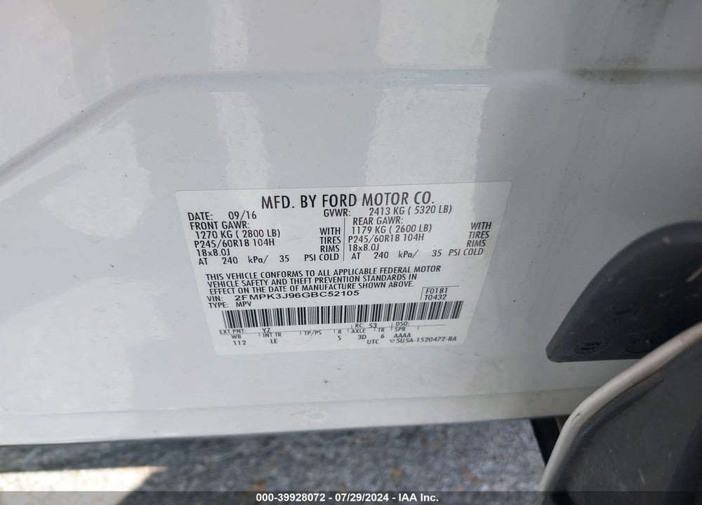 2016 FORD EDGE SEL VIN: 2FMPK3J96GBC52105