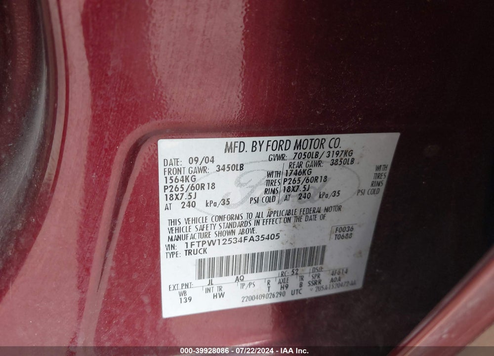 2004 FORD F-150 LARIAT/XLT VIN: 1FTPW12534FA35405
