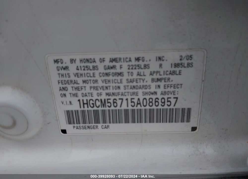 2005 HONDA ACCORD VIN: 1HGCM56715A086957