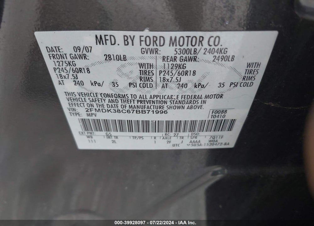 2007 FORD EDGE SEL VIN: 2FMDK38C67BB71996