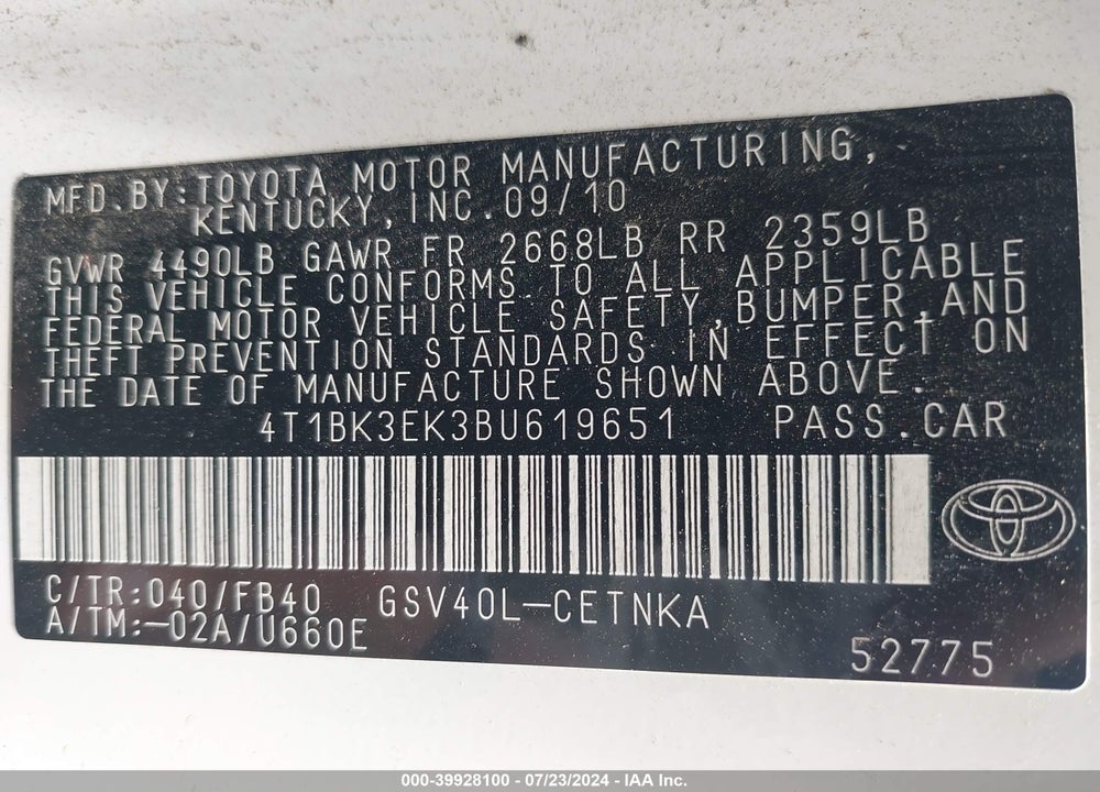 2011 TOYOTA CAMRY LE V6 VIN: 4T1BK3EK3BU619651
