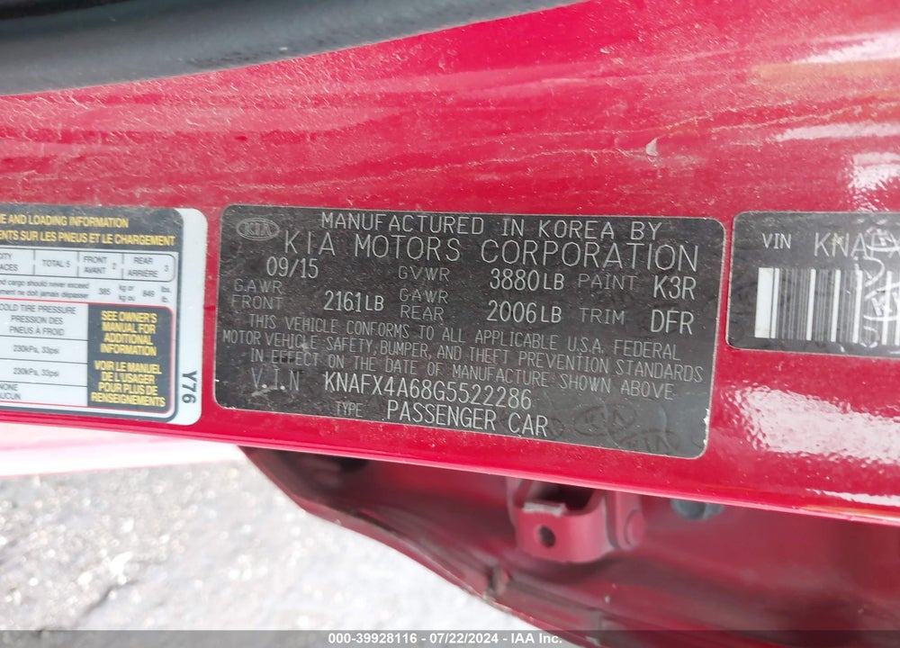 2016 KIA FORTE LX VIN: KNAFX4A68G5522286