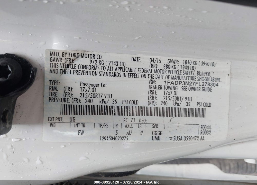 2015 FORD FOCUS TITANIUM VIN: 1FADP3N27FL278304