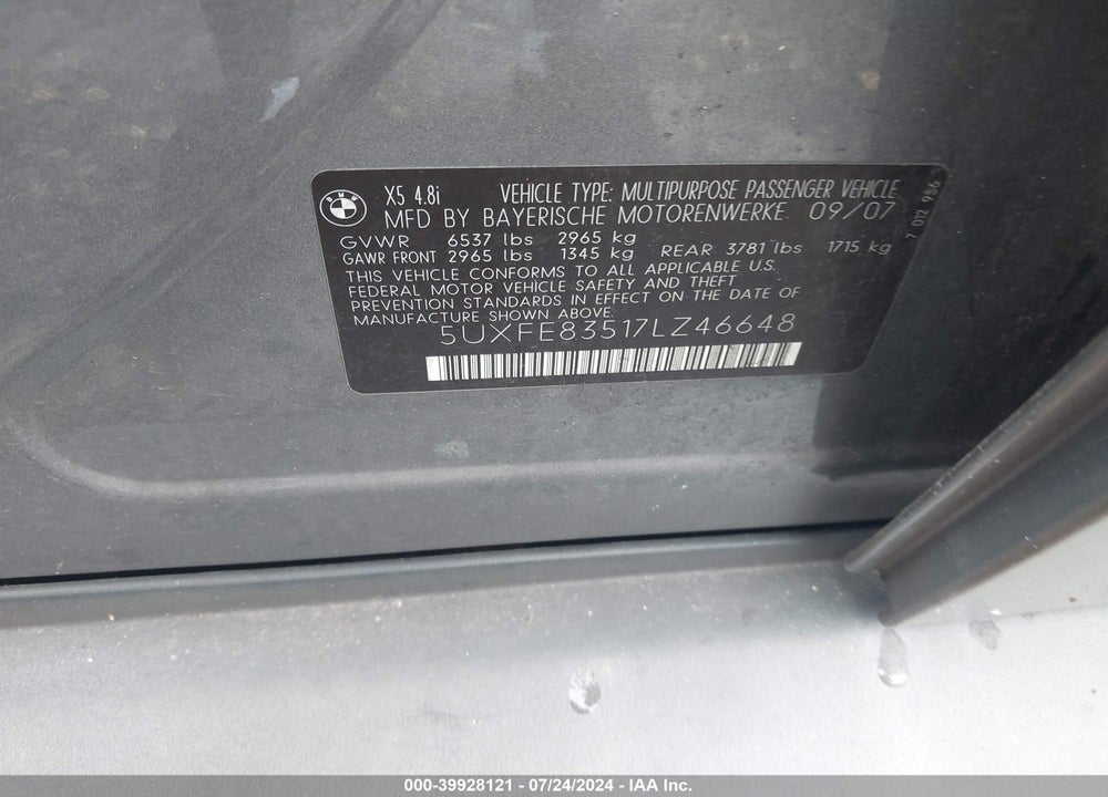 2007 BMW X5 4.8I VIN: 5UXFE83517LZ46648
