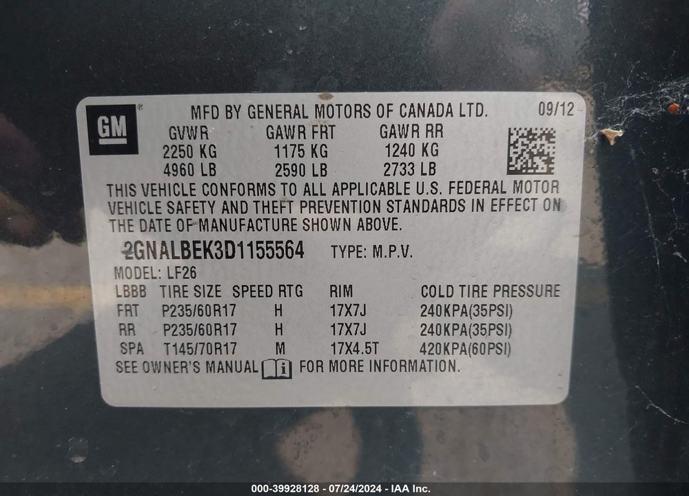 2013 CHEVROLET EQUINOX LS VIN: 2GNALBEK3D1155564