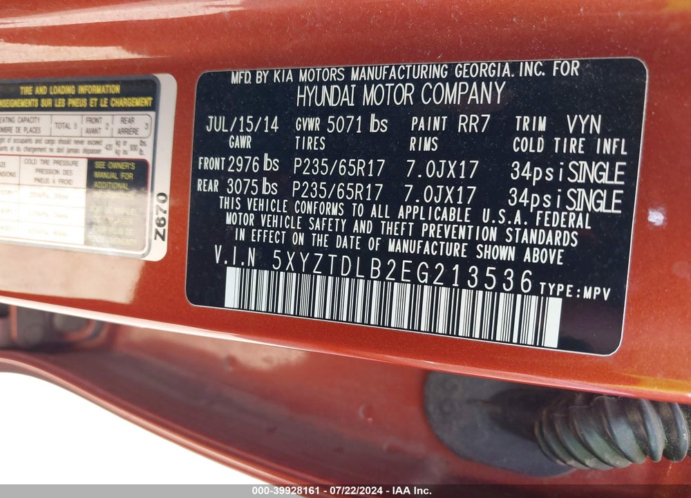 2014 HYUNDAI SANTA FE SPORT 2.4L VIN: 5XYZTDLB2EG213536