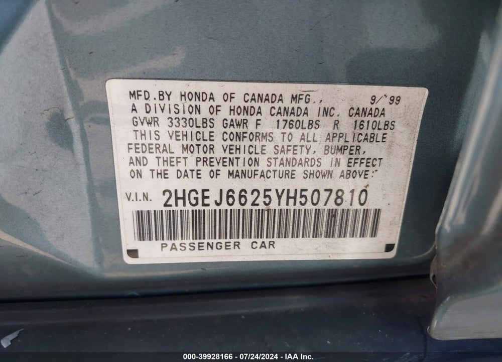 2000 HONDA CIVIC DX VIN: 2HGEJ6625YH507810