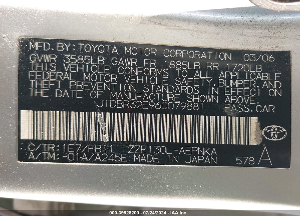 2006 TOYOTA COROLLA LE VIN: JTDBR32E960079881