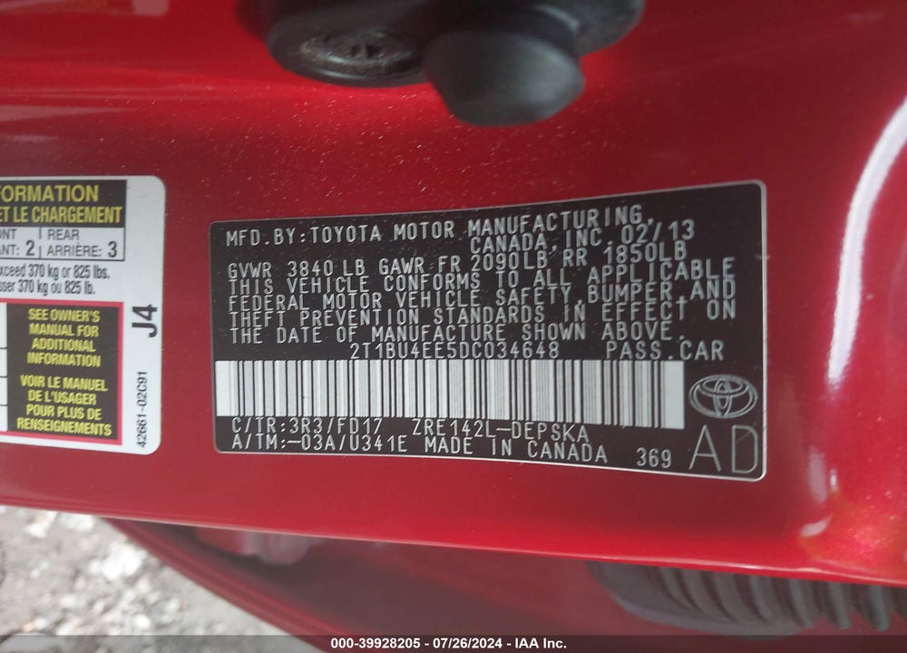 2013 TOYOTA COROLLA S VIN: 2T1BU4EE5DC034648