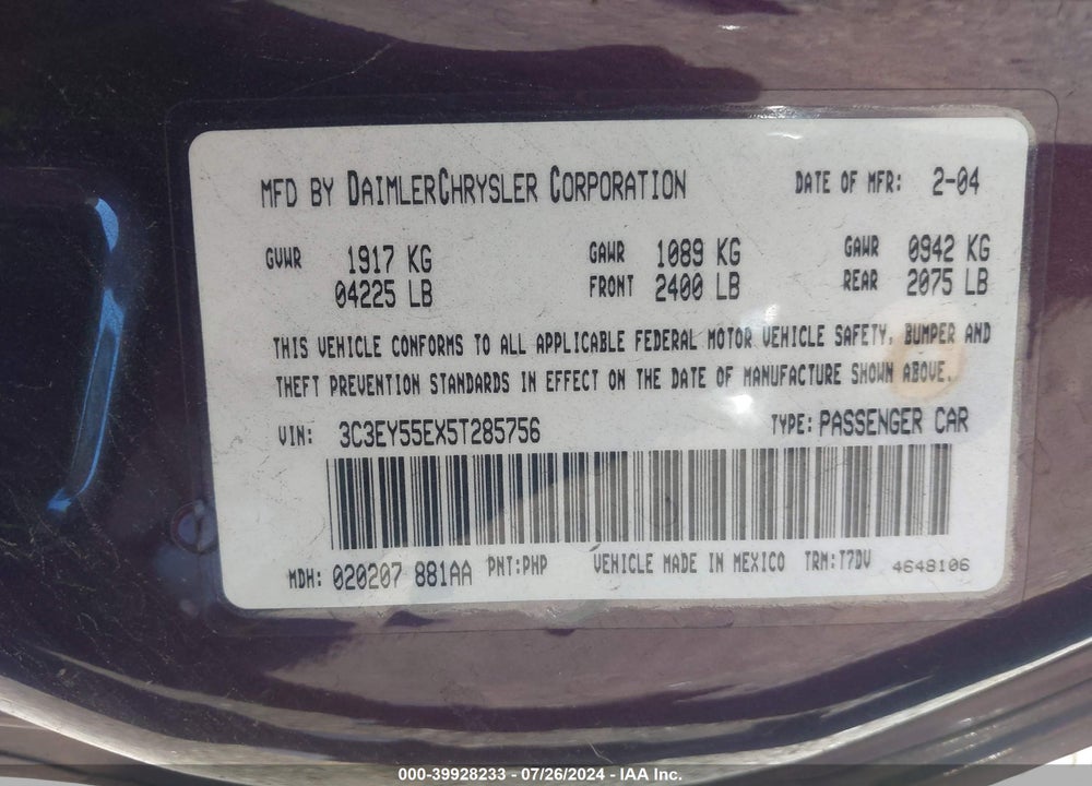 2005 CHRYSLER PT CRUISER TOURING VIN: 3C3EY55EX5T285756