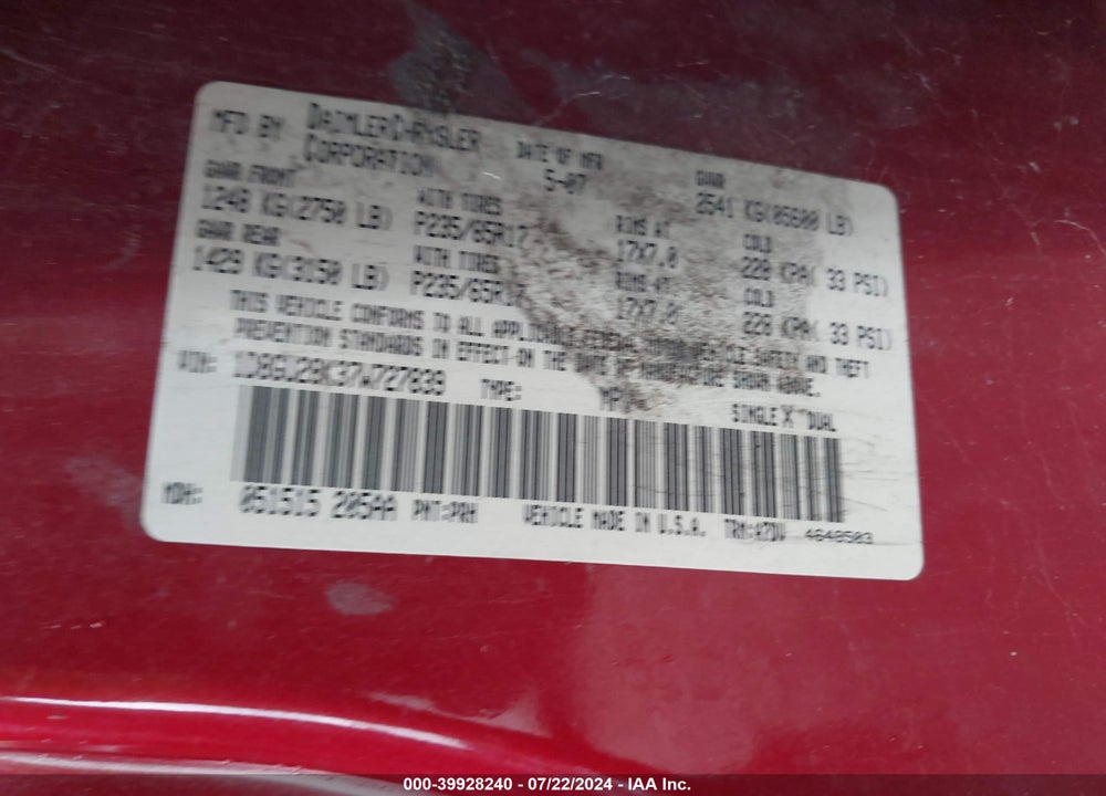 2007 DODGE NITRO SXT VIN: 1D8GU28K37W727839