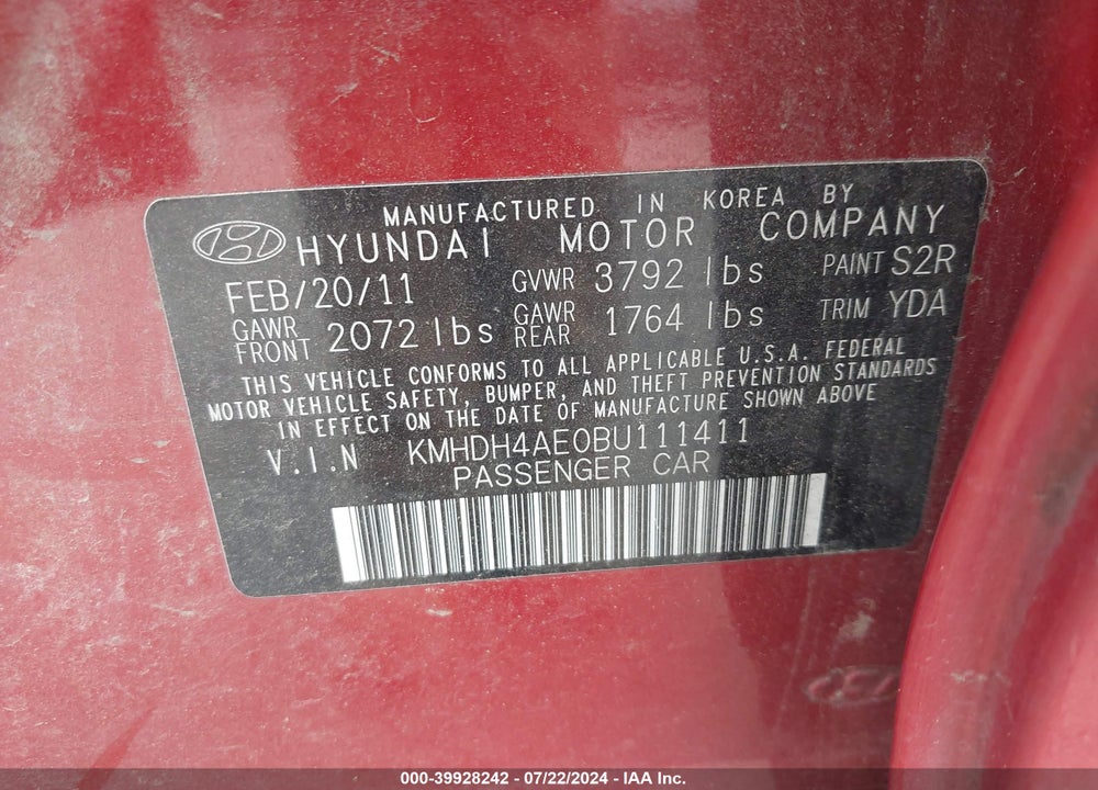 2011 HYUNDAI ELANTRA GLS (ULSAN PLANT) VIN: KMHDH4AE0BU111411